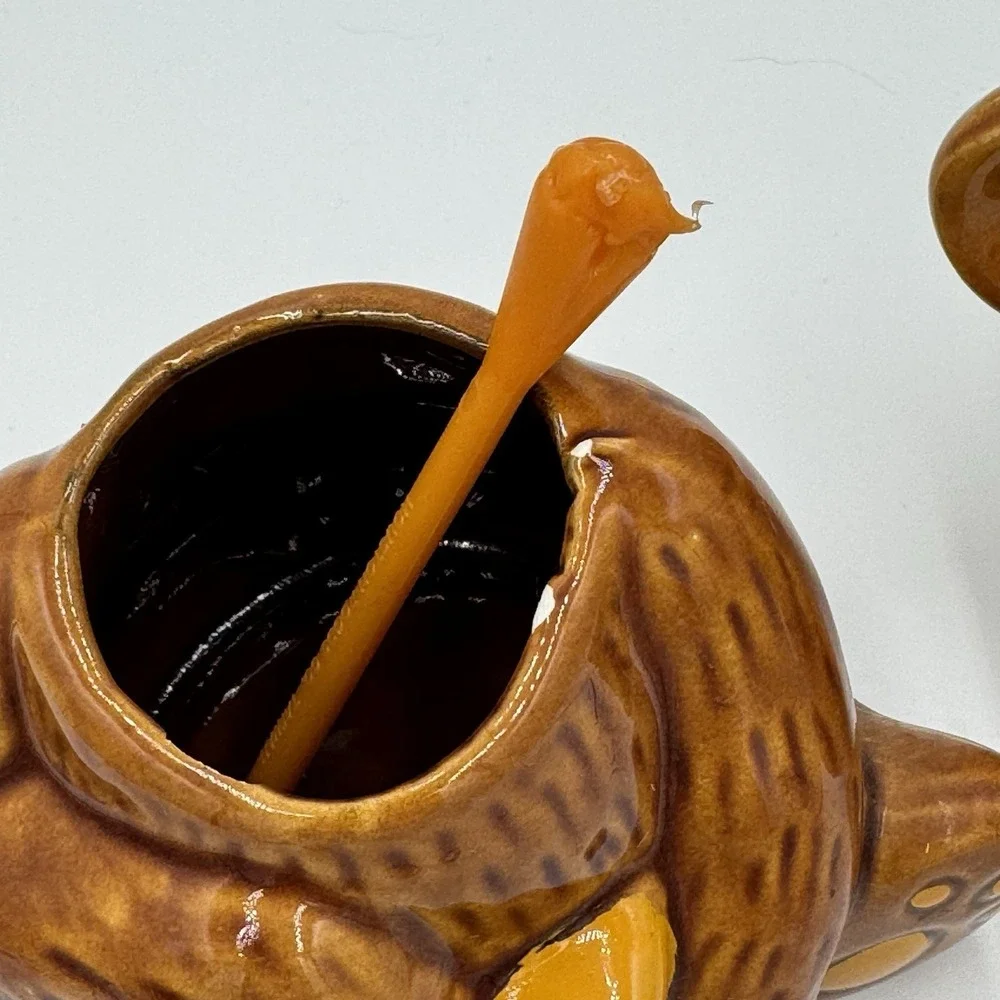 Vintage Brown Ceramic‎ Teddy Bear Honey Pot Jar with Dipper